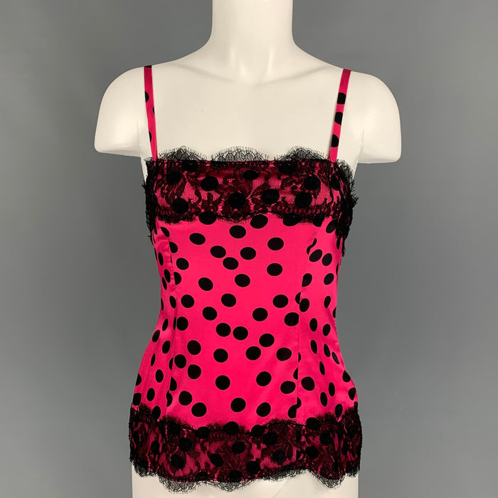 D&G by DOLCE & GABBANA Top casual de lunares de seda negro fucsia talla 2