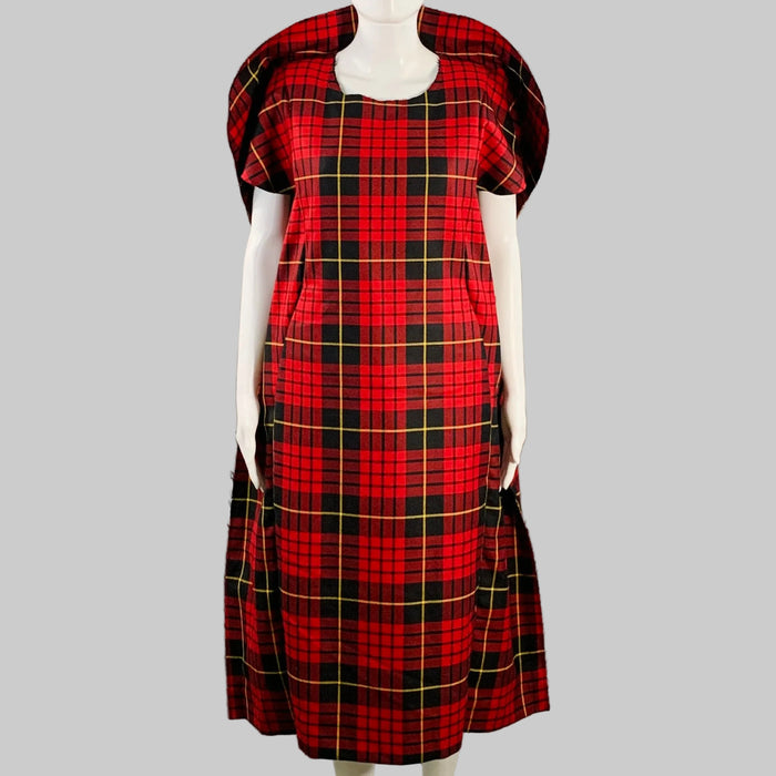 COMME des GARCONS SS17 Size M Red Black Yellow Wool Plaid Crested Shift Dress