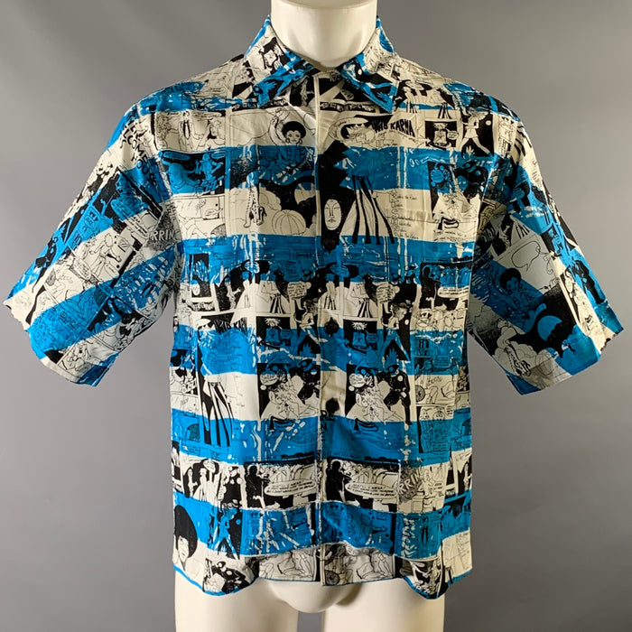 PRADA Size XS Blue Black & White Comic Print Viscose Camp Short Sleeve Shirt