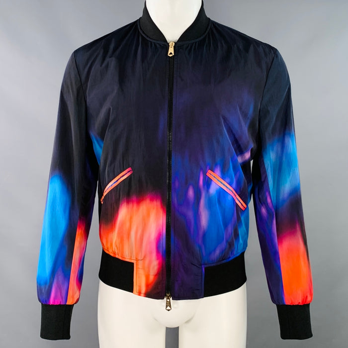 PAUL SMITH Size M Abstract Fire Black Multi Color Nylon Bomber Jacket