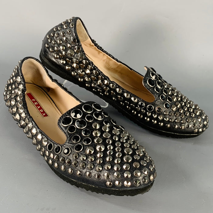 PRADA Size 7.5 Black Silver Leather Studded Flats