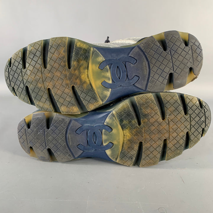CHANEL Size 11 Metallic Silver Navy Crackled Leather Lace-Up Sneakers