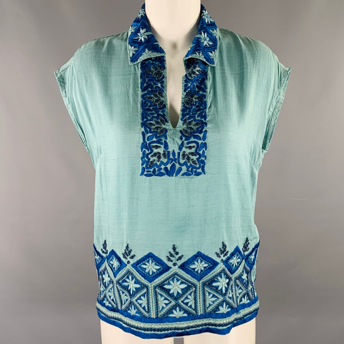 DRIES VAN NOTEN Size 4 Blue Light Blue Silk Embroidered Sleeveless Casual Top