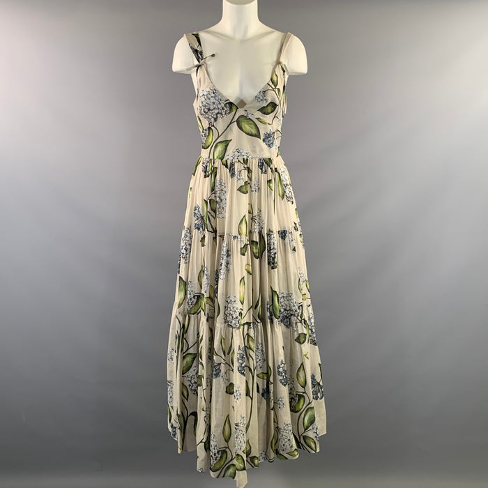 OSCAR DE LA RENTA SS2026 Size 6 Cream Green Cotton Floral V Neck Long Dress
