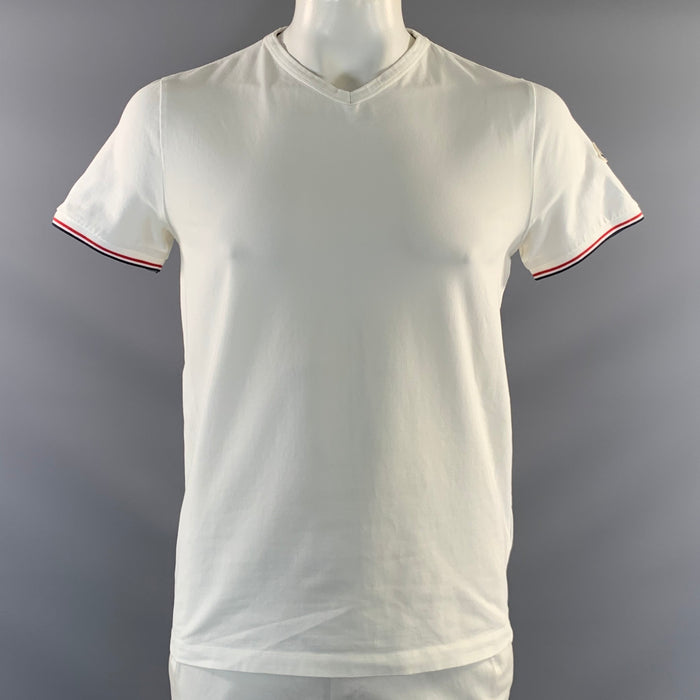 MONCLER Size XL White Cotton Blend V Neck T Shirt