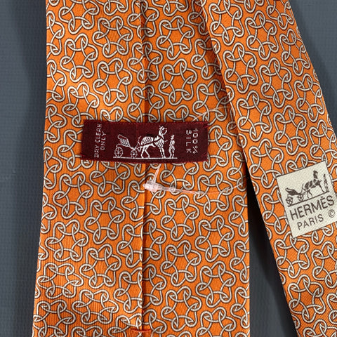 HERMES Orange White Geometric Silk Tie