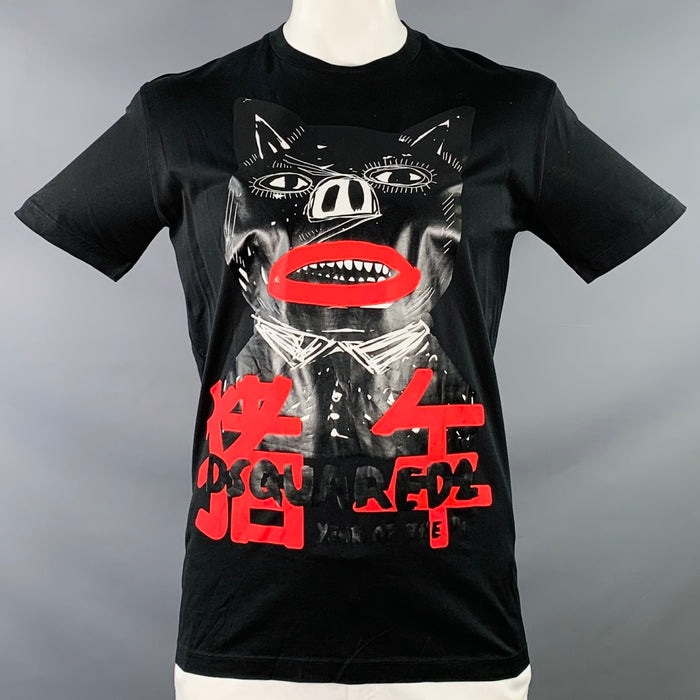 DSQUARED2 Size L Year of the Pig Black Red Print Cotton Crew Neck T-shirt