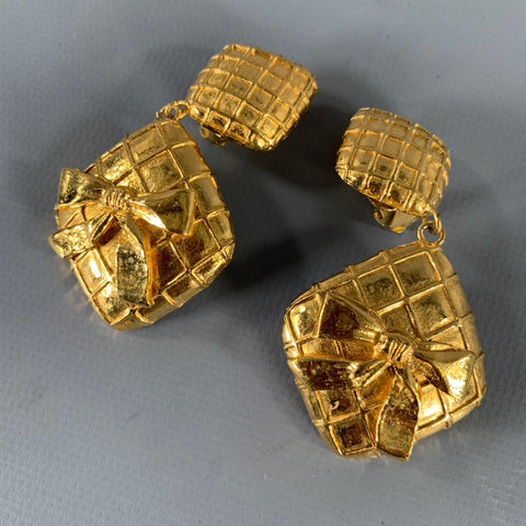 CHANEL Gold Tone Diamond Logo Clip-On Earrings