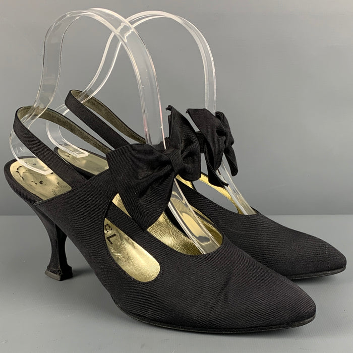 CHANEL Size 7 Black Taffeta Bow Slingback Pumps