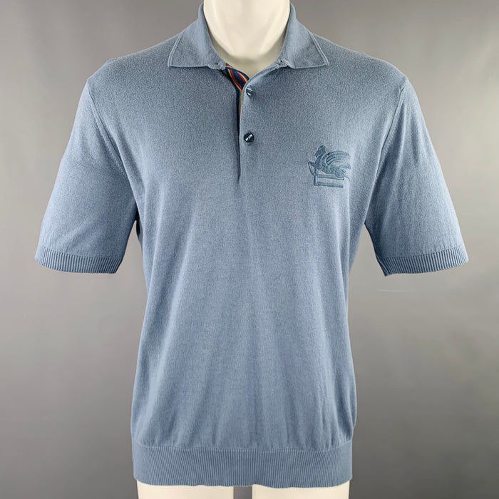 ETRO Size M Blue Embroidery Knit Short Sleeve Polo