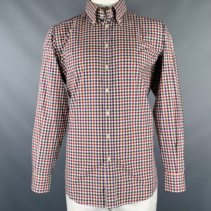 ETRO Size L Navy Burgundy Checkered Cotton Button Up Long Sleeve Shirt