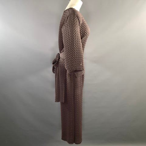 Side view of brown pleated top and wide-leg pants set.