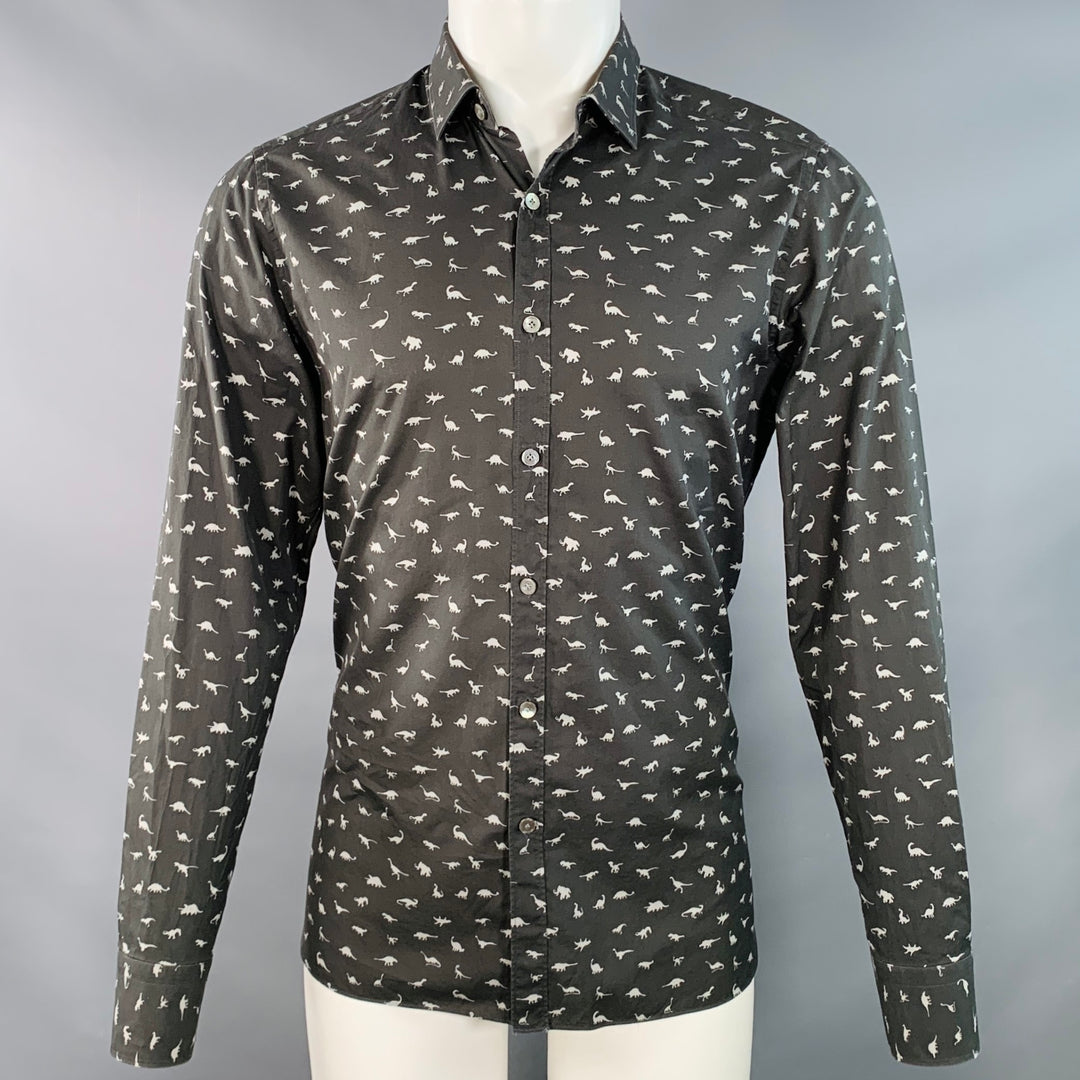 LANVIN Size M Grey Slate Dinosaurs Cotton Spread Collar Long Sleeve Shirt