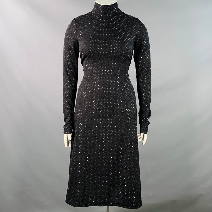 MARC JACOBS RUNWAY Size 10 Black Silver Dots Long Sleeve High Neck Bow A-Line Dress