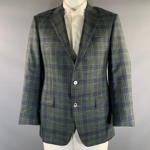 SAMUELSOHN Chest Size 42 Green Blue Plaid Wool Silk & Linen Sport Coat