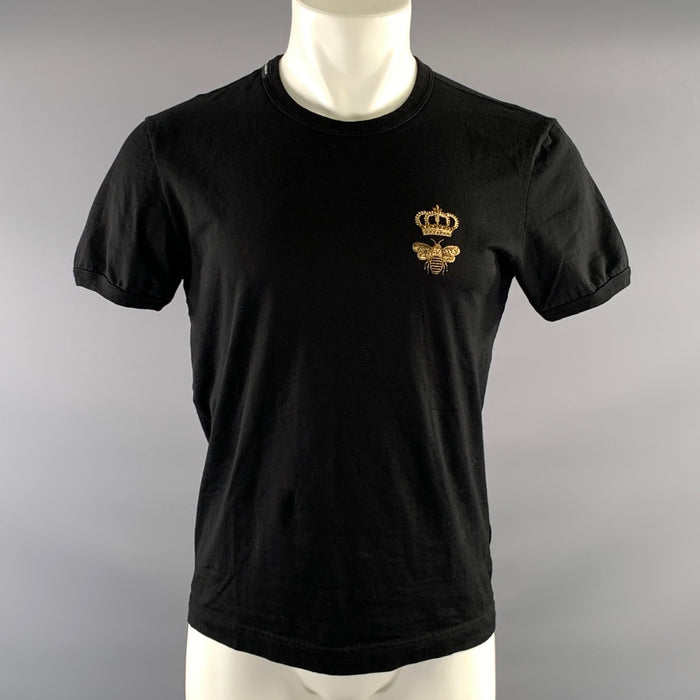 DOLCE & GABBANA Size S Black Gold Embroidery Cotton Short Sleeve T shirt