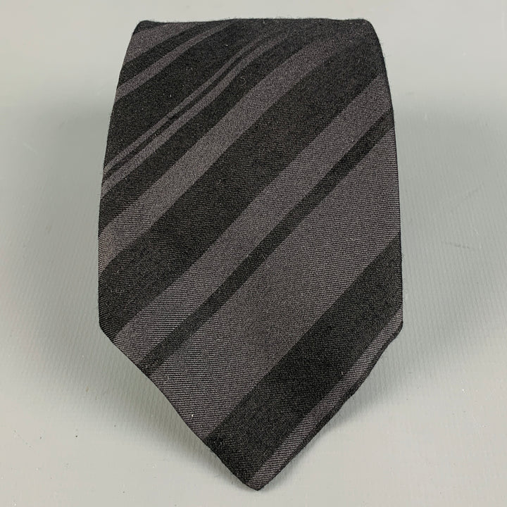 DRIES VAN NOTEN Black Gold Diagonal Stripe Silk Wool Tie
