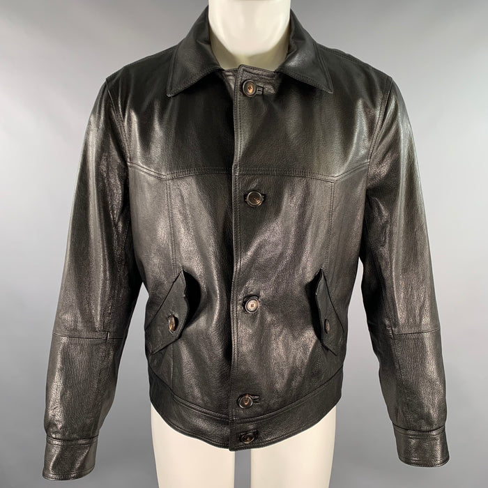 BRUNELLO CUCINELLI Size M Black Crackled Leather Trucker Jacket