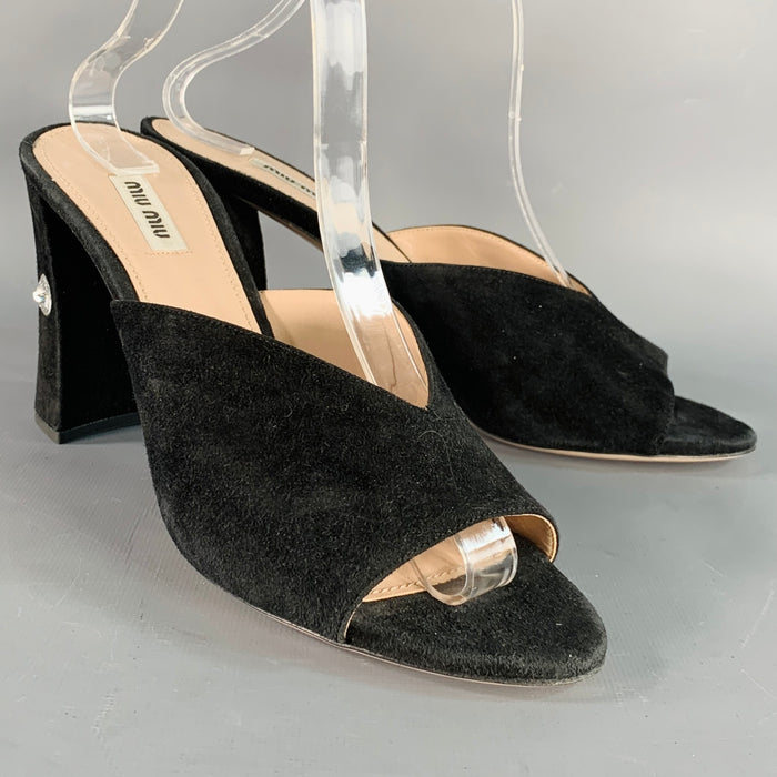 MIU MIU Size 11 Black Suede Rhinestone Peep Toe Sandals