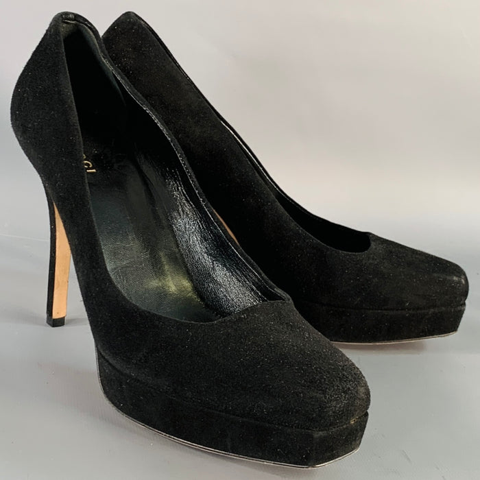 GUCCI Size 10 Black Suede Stiletto Platform Heels Pumps