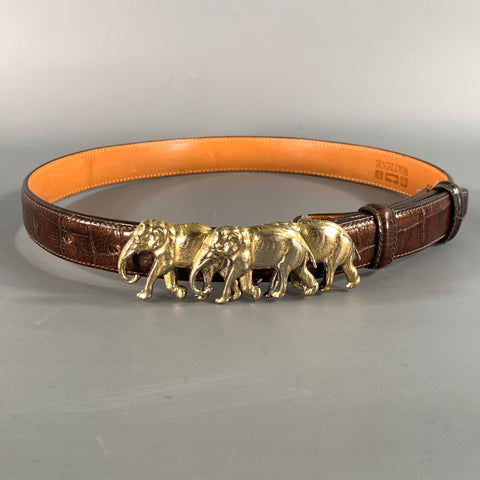WATHNE Waist Size 24 Brown Gold Alligator Embossed Leather Belt