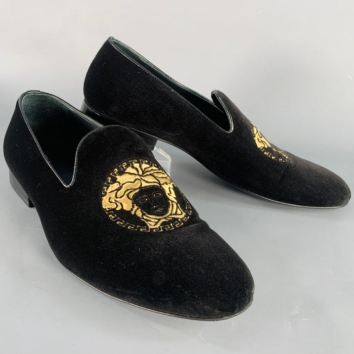 VERSACE Size 9 Black Gold Embroidery Velvet Medusa Head Slip On Loafers