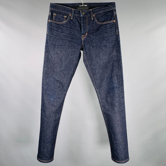 TOM FORD Size 32 Blue Indigo Cotton Blend Slim Fit Button Fly Jeans