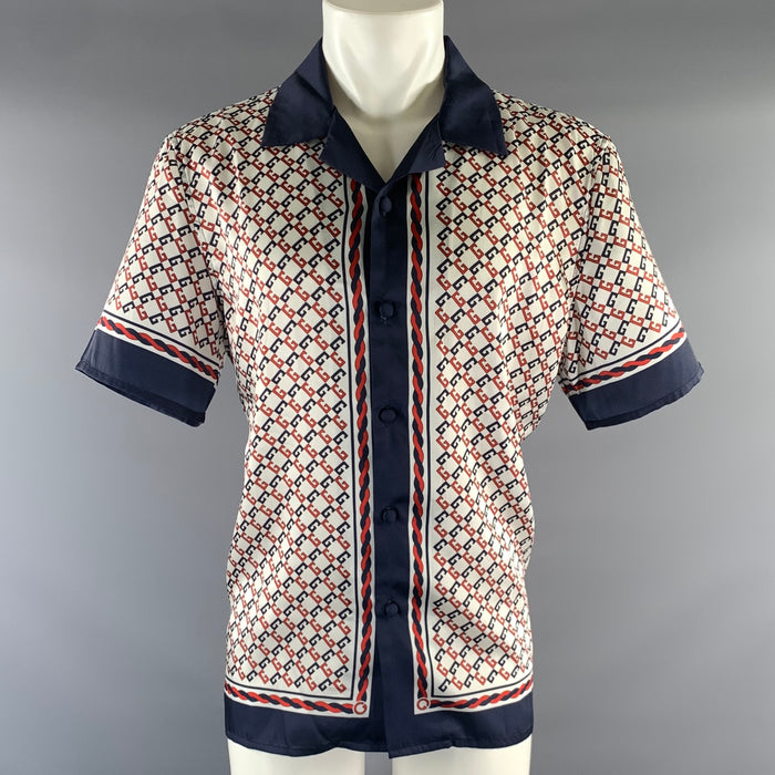 GUCCI Size XL White Navy & Red Monogram Silk Camp Short Sleeve Shirt