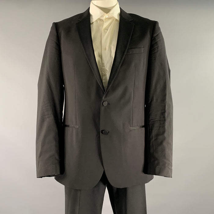 HUGO BOSS Chest Size 44 Black Solid Viscose Notch Lapel 38 34 Tuxedo