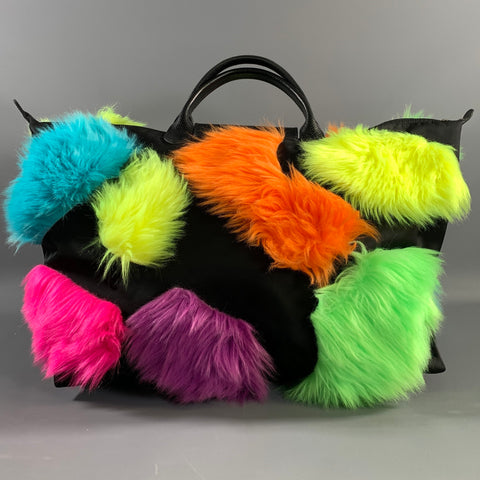 LONGCHAMP Black Color Block Nylon Faux fur Weekender Bag