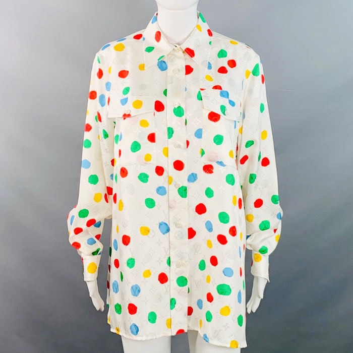 LOUIS VUITTON x YAYOI KUSAMA Size M White Multi Color Silk Monogram Dots Button Up Shirt