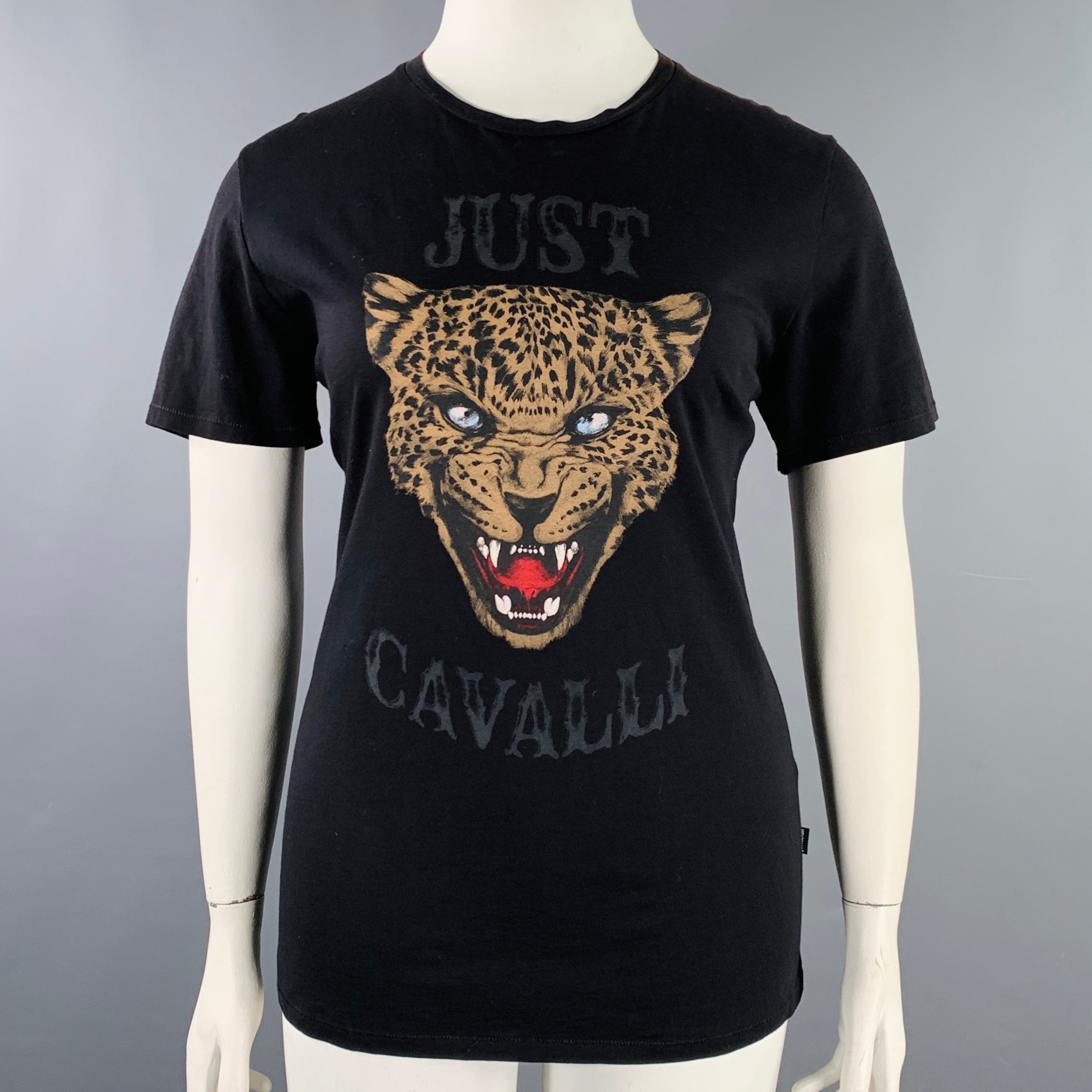 JUST CAVALLI Size L Black Brown Cotton Leopard Graphic Crew Neck T Shirt