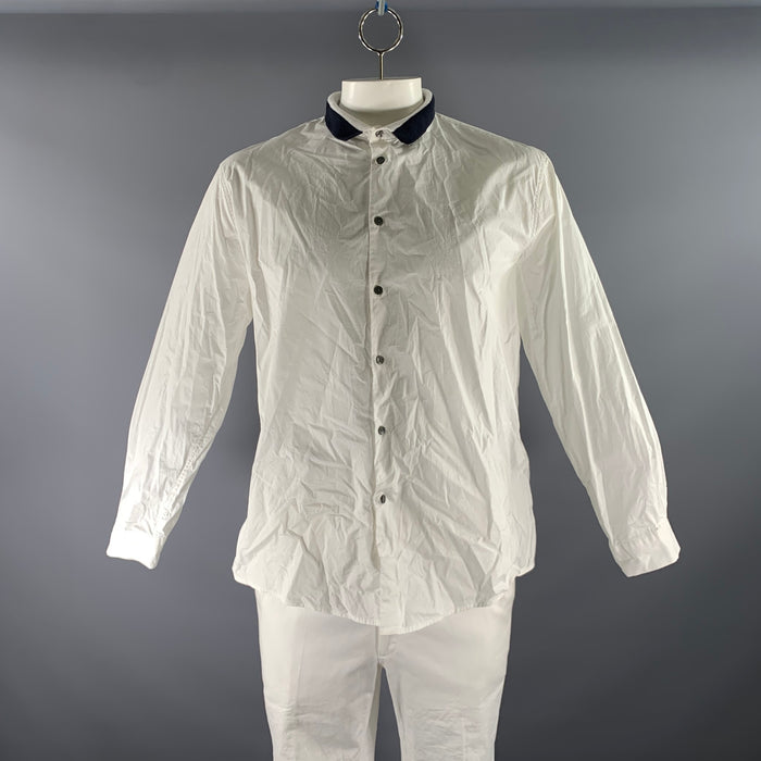 EMPORIO ARMANI Size XXXL White Blue Cotton Blend Ribbed Collar Long Sleeve Shirt