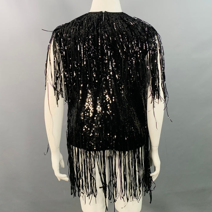 MSGM Size XL Black Polyester Sequined Sleeveless Fringe Dress Top