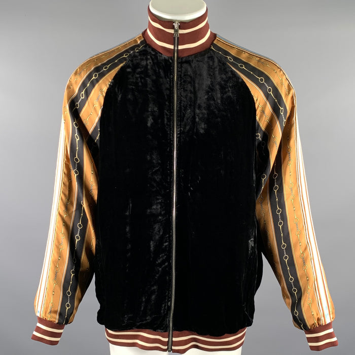 GUCCI Size XL Black Gold Burgundy Chain Print Viscose Silk Track Jacket