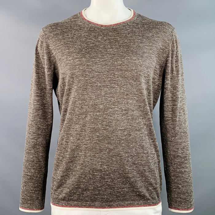 KITON Size XL Heather Brown Cream Red Silk Linen Contrast Trim Crew Neck Pullover