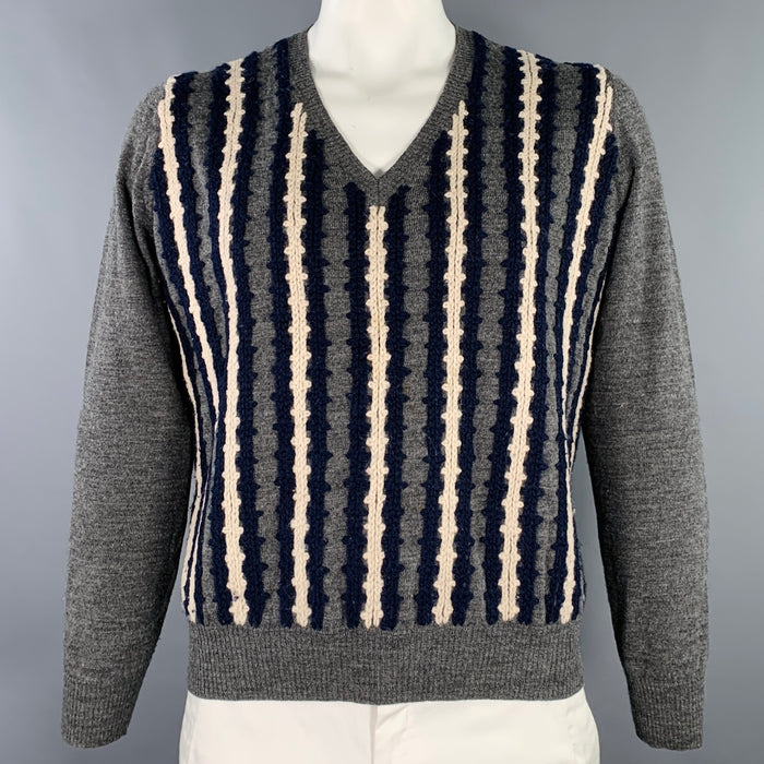 DRIES VAN NOTEN Size XL Grey Navy Cream Stripe Wool V-Neck Pullover