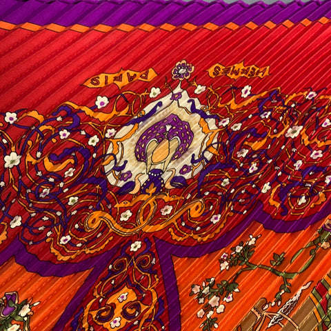 HERMES Orange Purple Pleated Silk Scarves