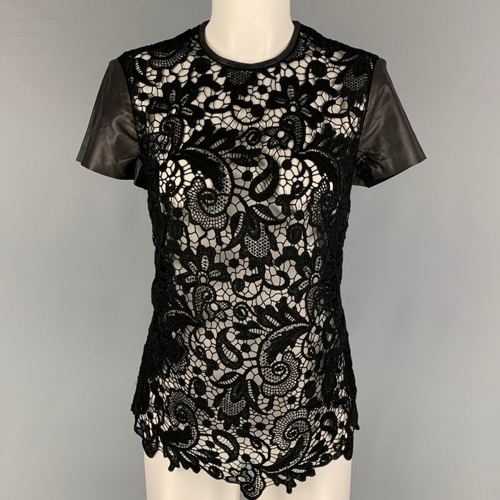 RALPH LAUREN Size 4 Black Cotton Lace Contrast Leather Trim Blouse