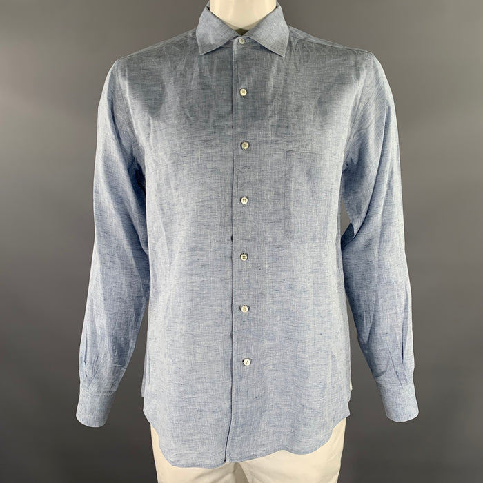 LORO PIANA Size L Blue Heather Flax Button Up Long Sleeve Shirt