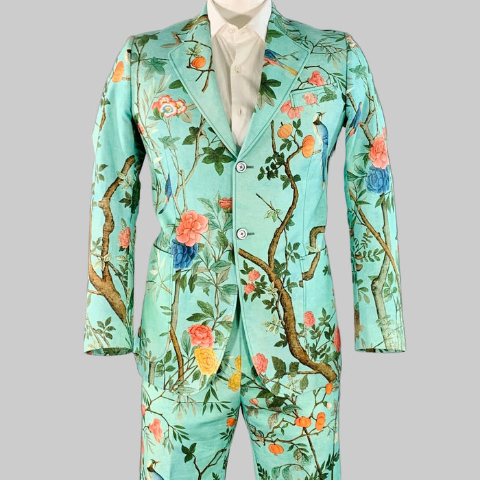 GUCCI SS16 Size 42 Green Multi Color Floral Cotton Slim Fit Notch Lapel Suit