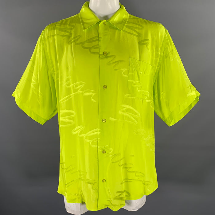 BALENCIAGA Size M Green Monogram Viscose Button Up Short Sleeve Shirt