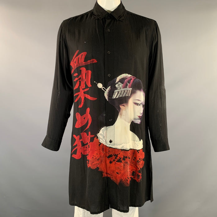 YOHJI YAMAMOTO Size L Black Red Graphic Tencel Tunic Long Sleeve Shirt