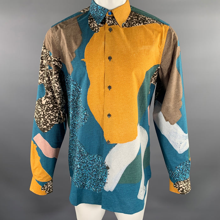 PAUL SMITH Size L Teal Mustard Geometric Cotton Long Sleeve Shirt