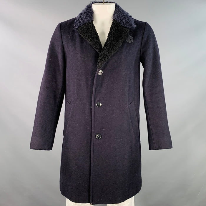 DRIES VAN NOTEN Size 42 Navy Black Wool Blend Faux Fur Collar Coat