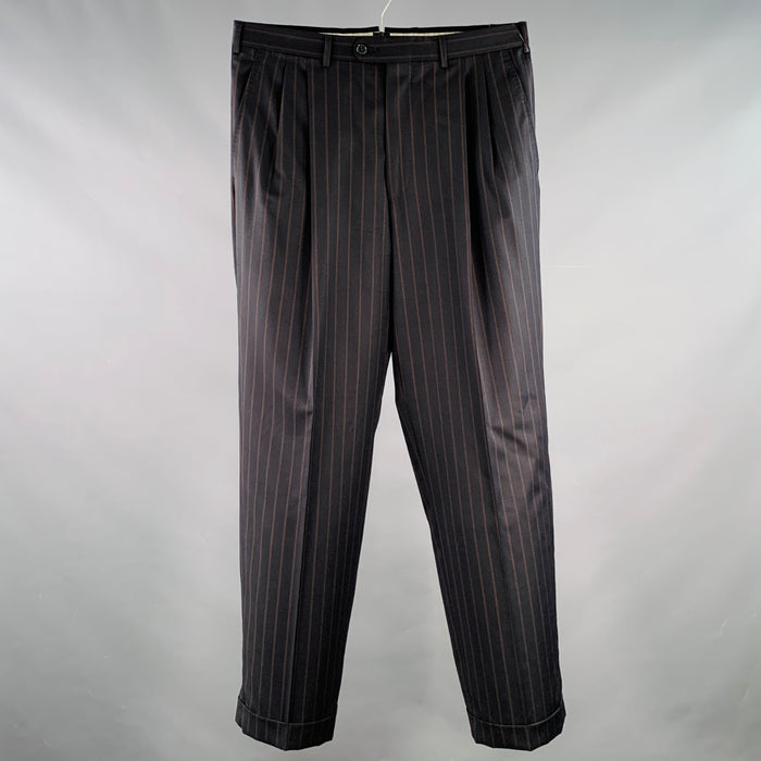 ERMENEGILDO ZEGNA Size 32 Black Brown Stripe Wool Pleated Cuffed Dress Pants