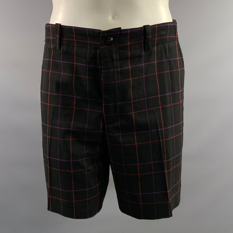 MR TURK Size 36 Black Red & Purple Window Pane Polyester Blend Wide Leg Shorts