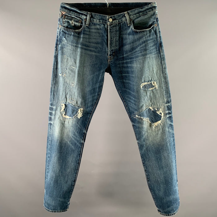 RALPH LAUREN Size 36 Blue Distressed Cotton Straight Jeans