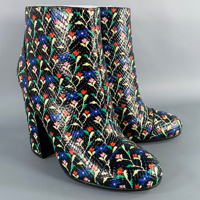 MARC JACOBS Size 7 Cora Black Multi Color Leather Floral Side Zipper Boots