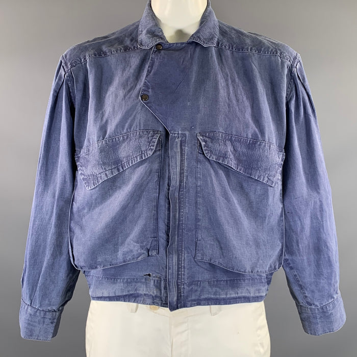 THIERRY MUGLER Size 40 Blue Distressed Linen Cropped Jacket